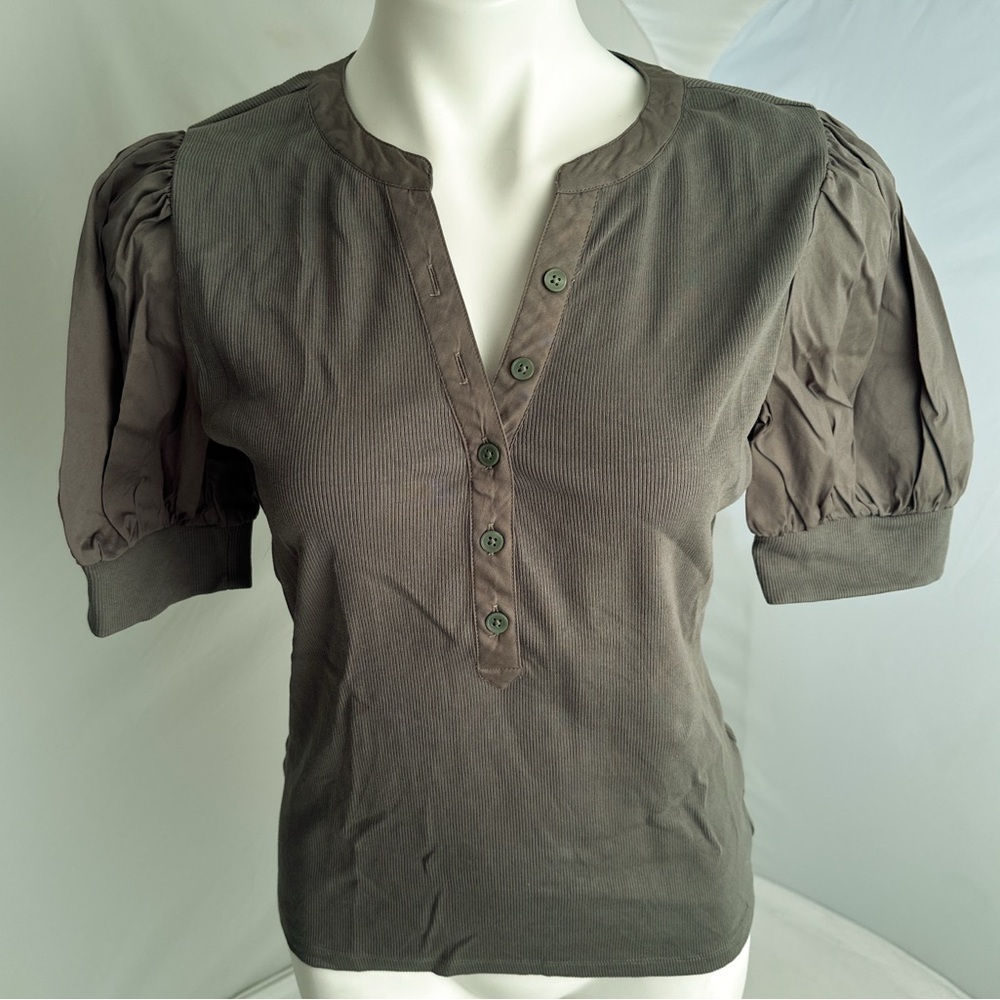 White House Black Market olive green poplin puff sleeve ribbed henley shirt